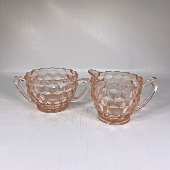 Jeanette Cubist Pink Cream Sugar Depression Glass Small Set Cottage Core Vintage - Picture 1 of 6
